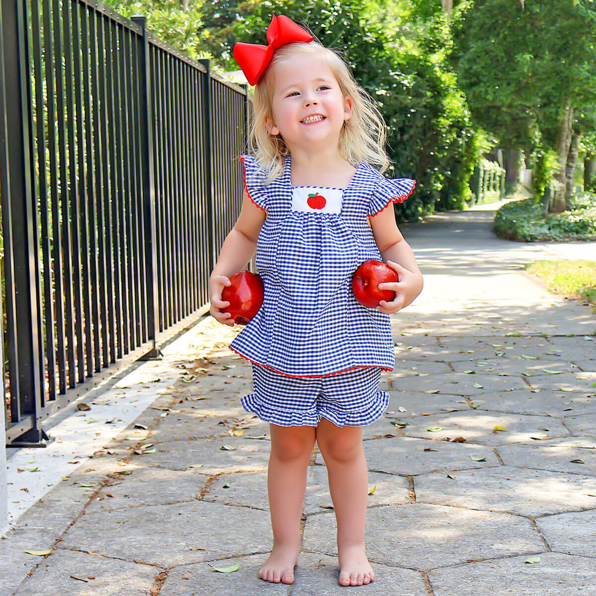 Apple French Knot Navy Gingham Short Set