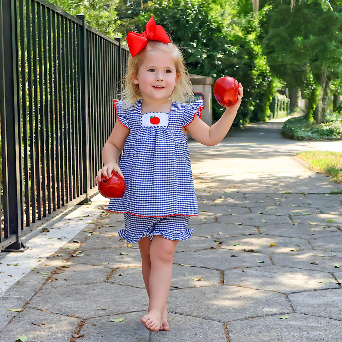 Apple French Knot Navy Gingham Short Set