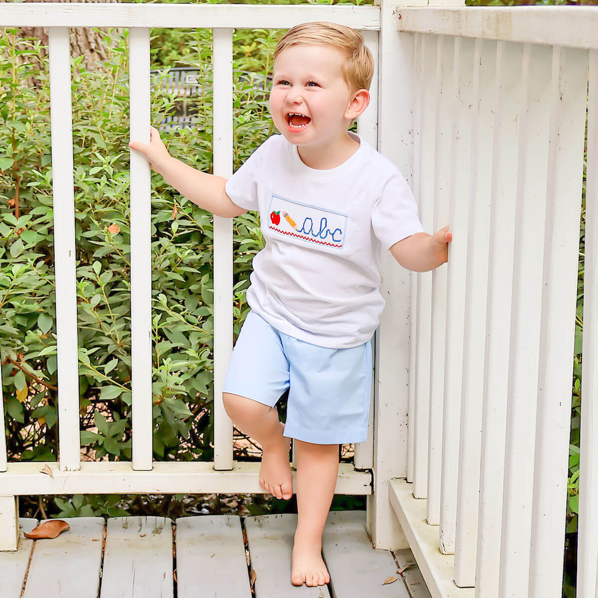 Pencil Smocked Light Blue Pique Short Set