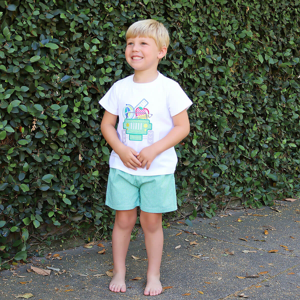 School Truck Green Gingham Short Set