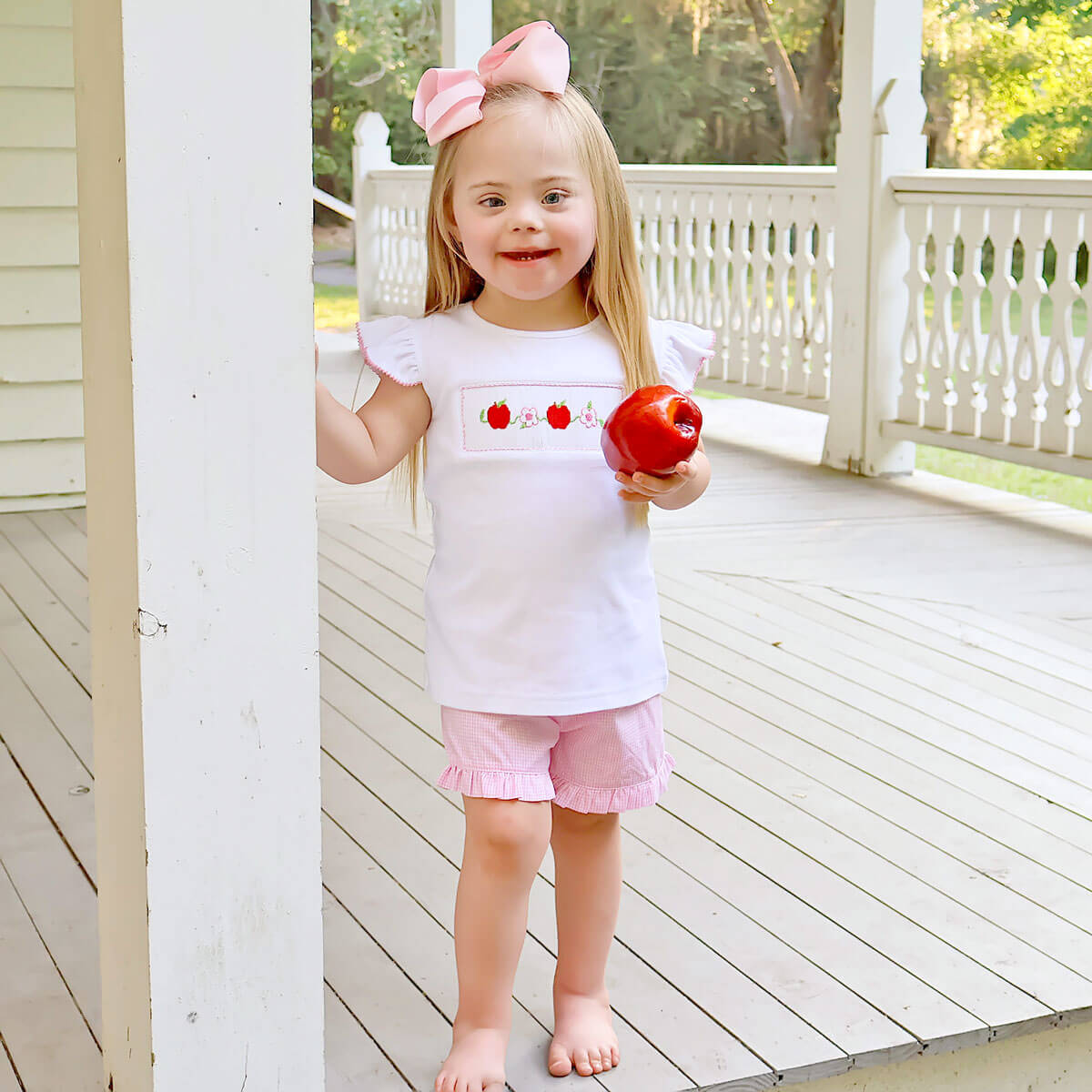 Apple & Flower Smocked Pink Gingham Short Set