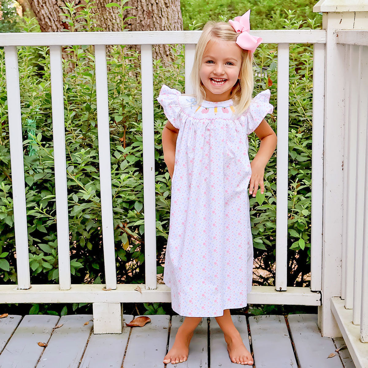 Pink Apple & Pencil Floral Smocked Dress