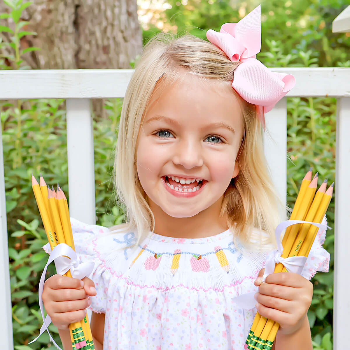 Pink Apple & Pencil Floral Smocked Dress