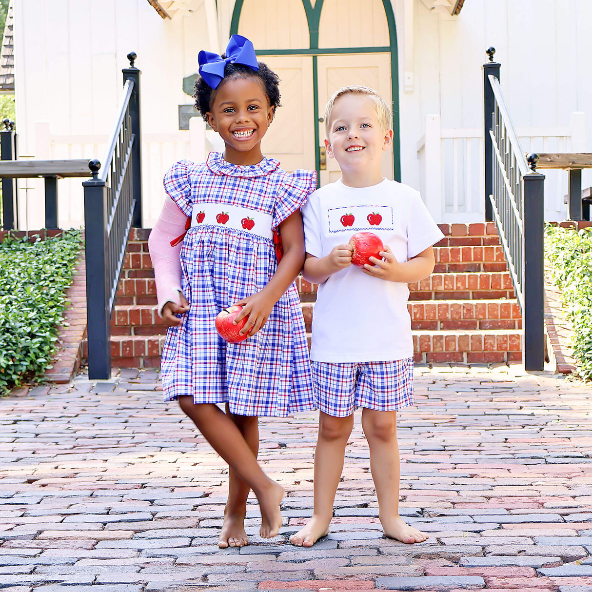Apple Smocked Plaid Short Set