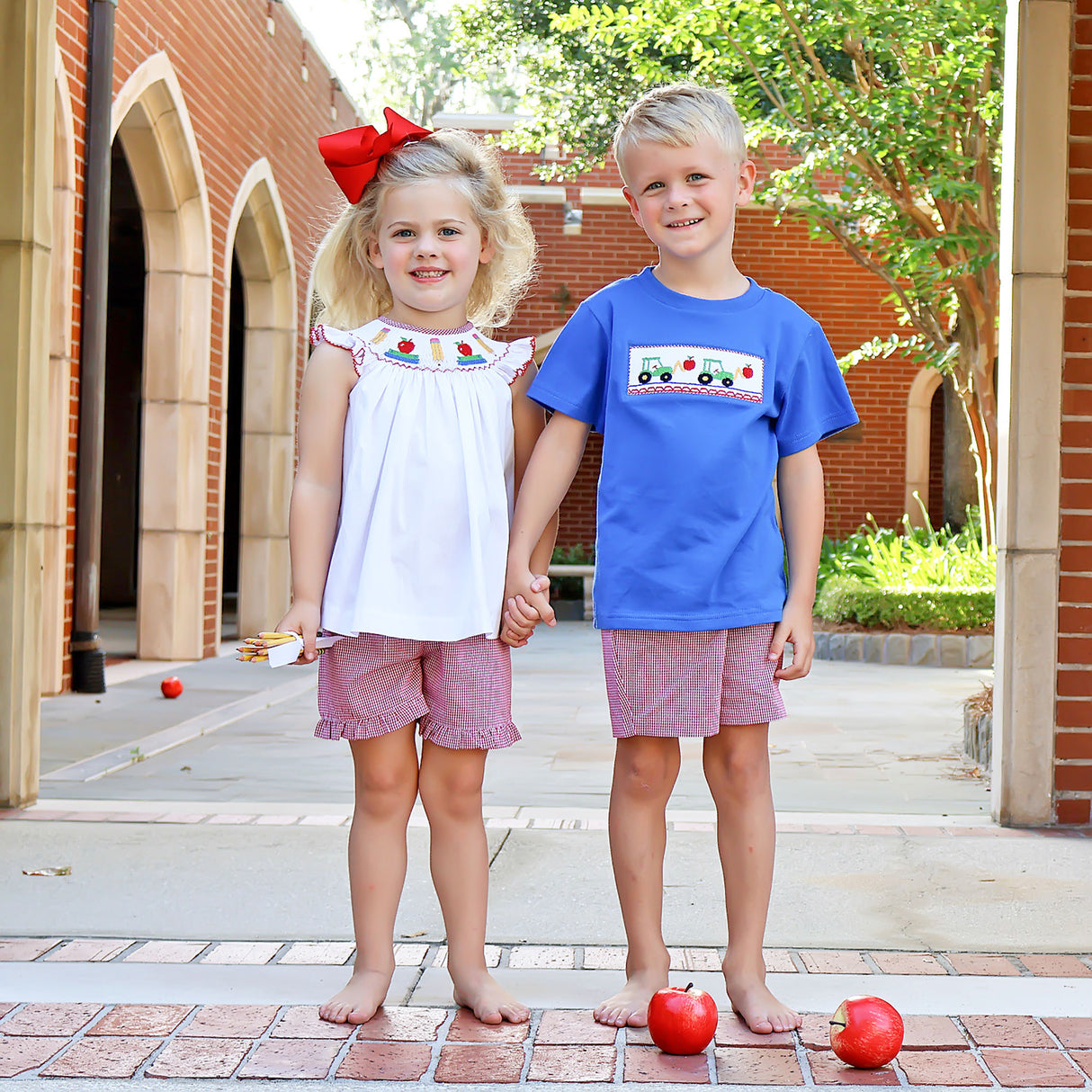 Apple Tractor Smocked Short Set