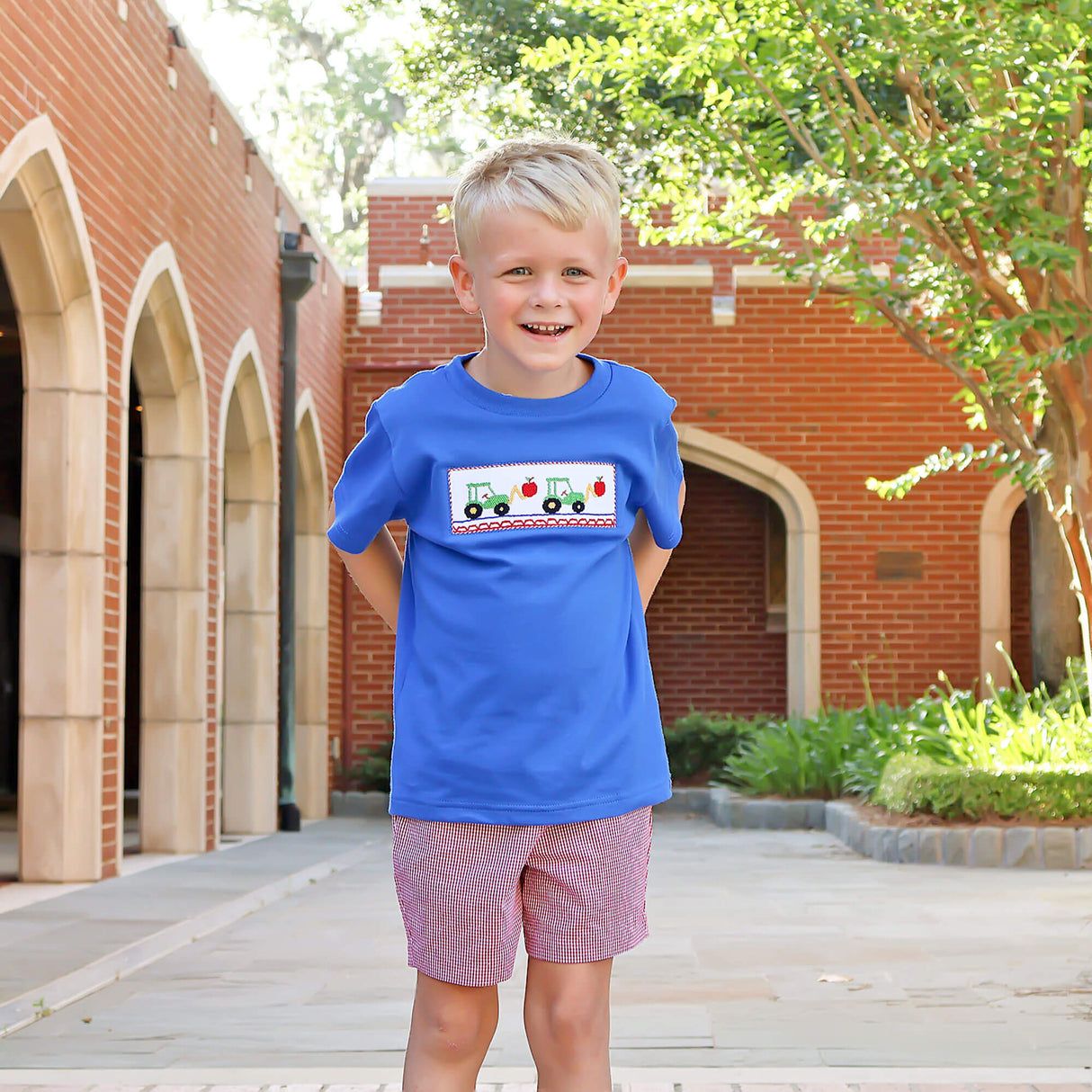 Apple Tractor Smocked Short Set