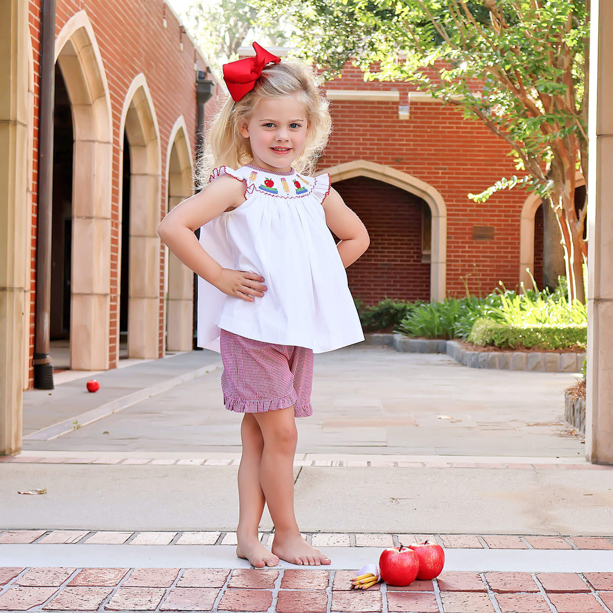 School Smocked Red Gingham Short Set