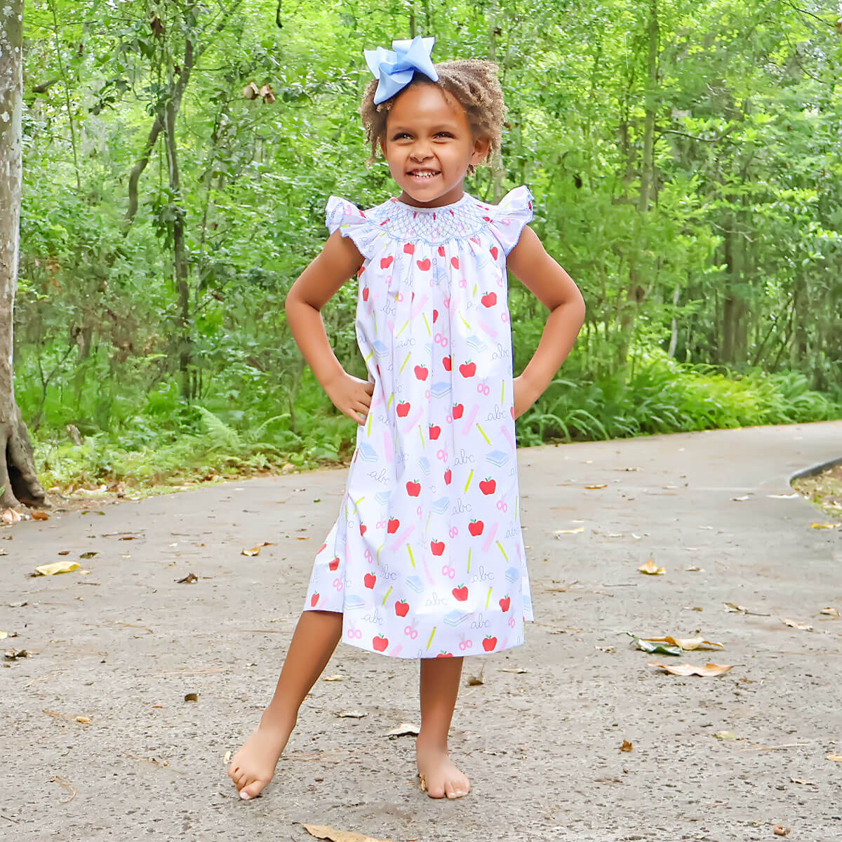 School Essentials Print Smocked Angel Sleeve Dress