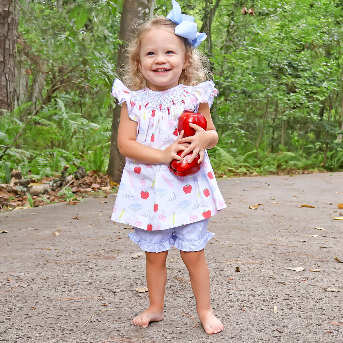 School Essentials Print Smocked Angel Sleeve Short Set