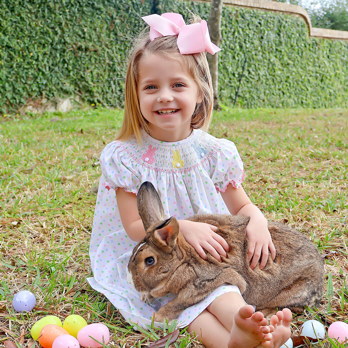 Bunny Smocked Colorful Polka Dot Bishop Dress