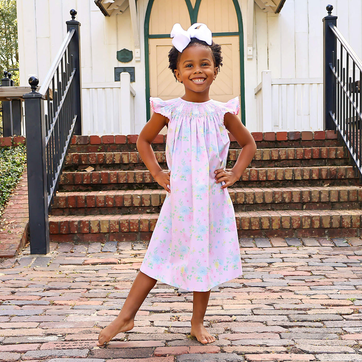 Cottontail Smocked Rose Floral Angel Sleeve Dress