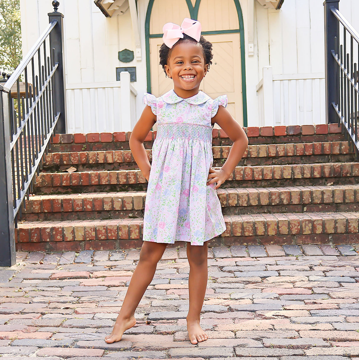Botanical Floral Bunny Smocked Collared Dress