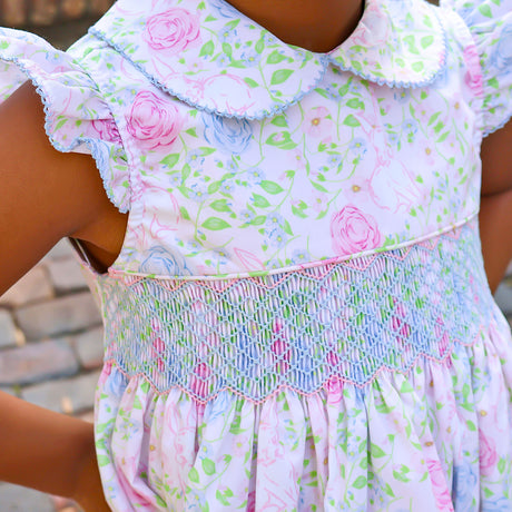 Botanical Floral Bunny Smocked Collared Dress