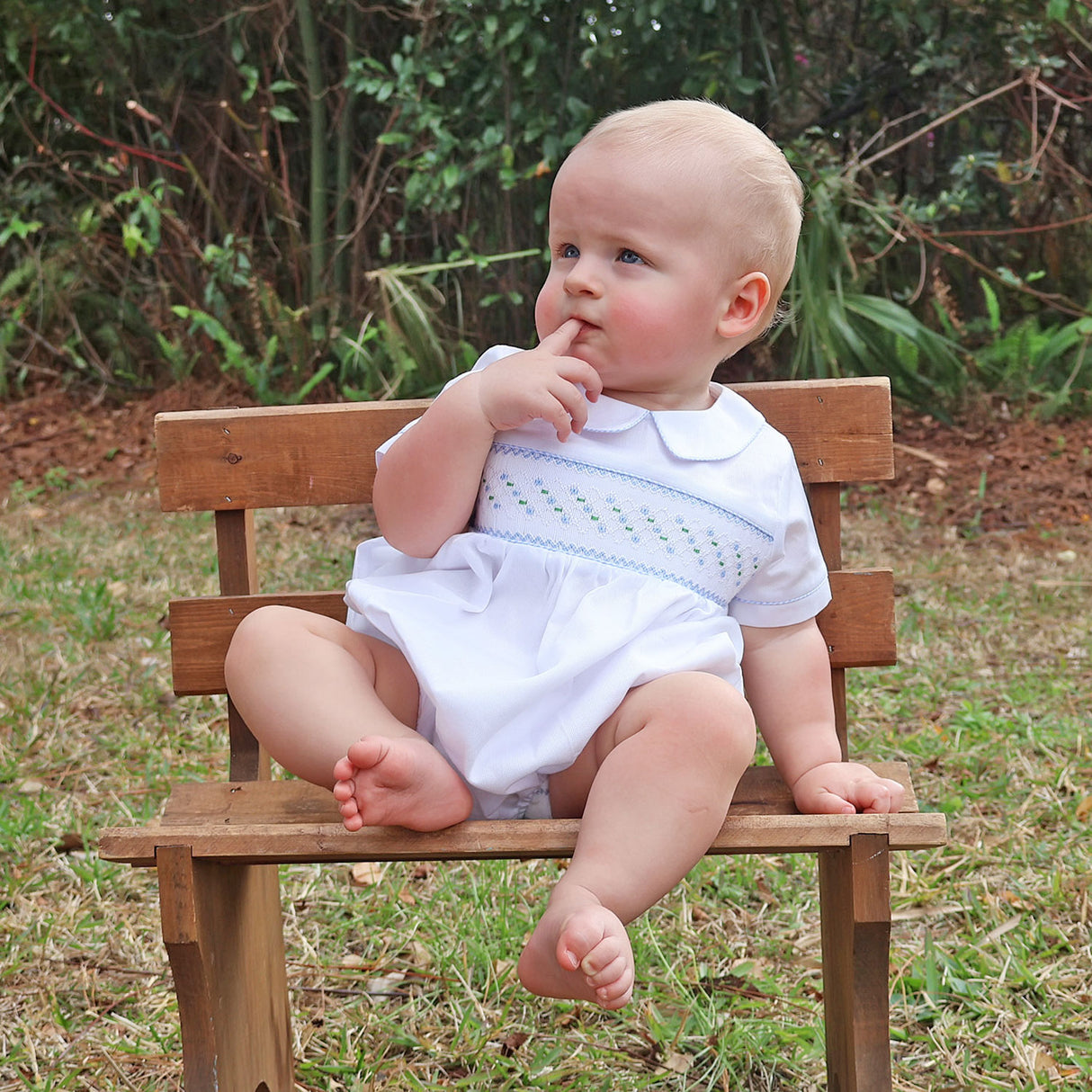 White Geo Smocked Collared Bubble