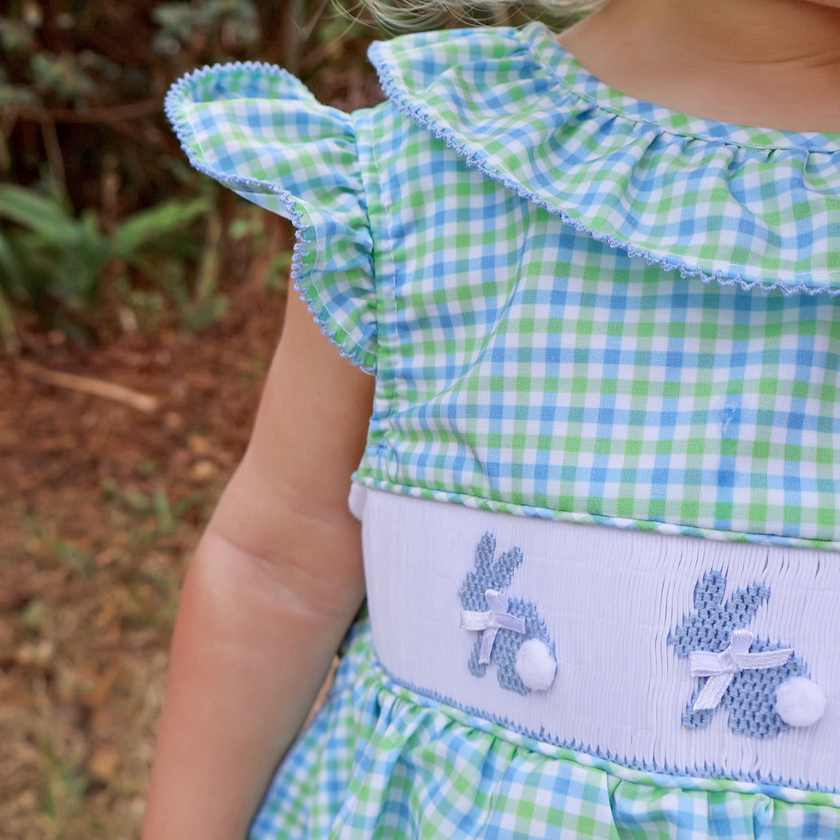 Easter Bunny Smocked Blue & Green Gingham Beverly Bubble