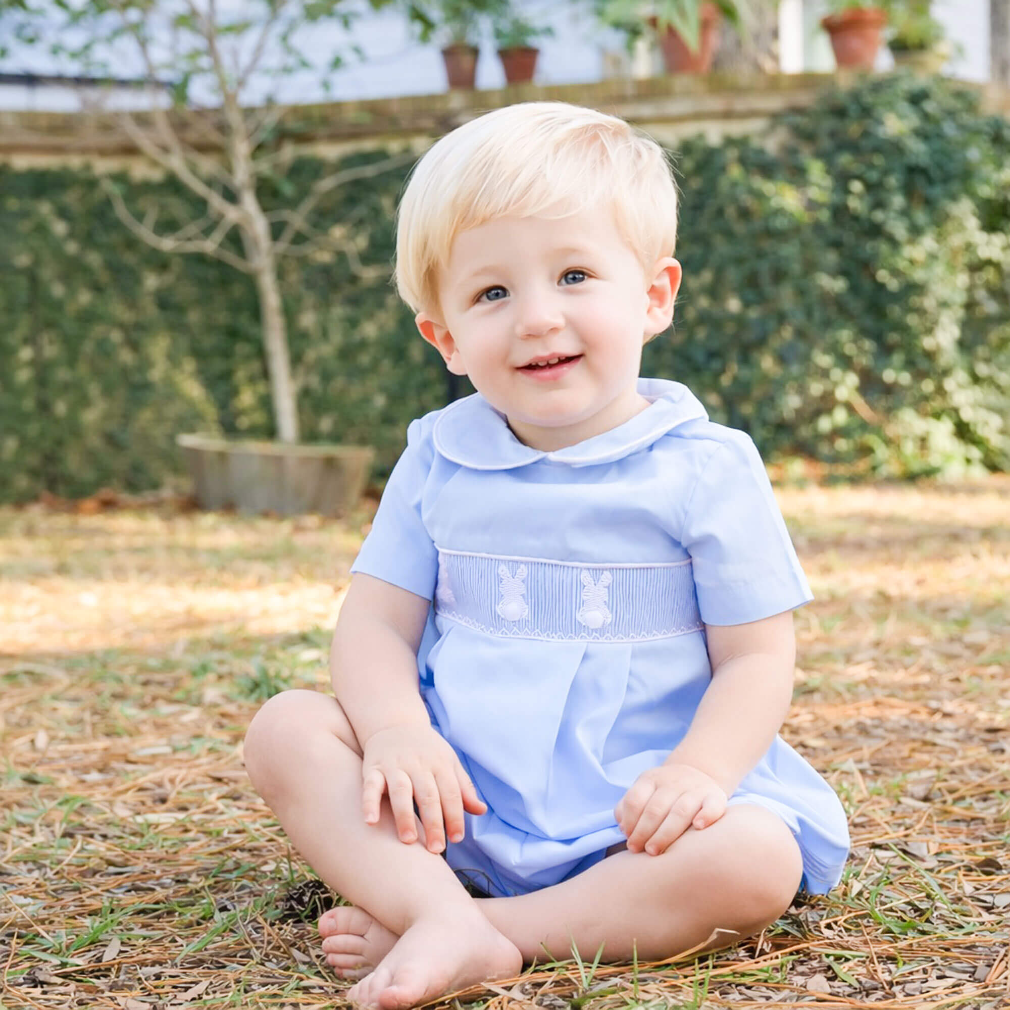 Cottontail Smocked Boy Bubble Light Blue Pique – Classic Whimsy