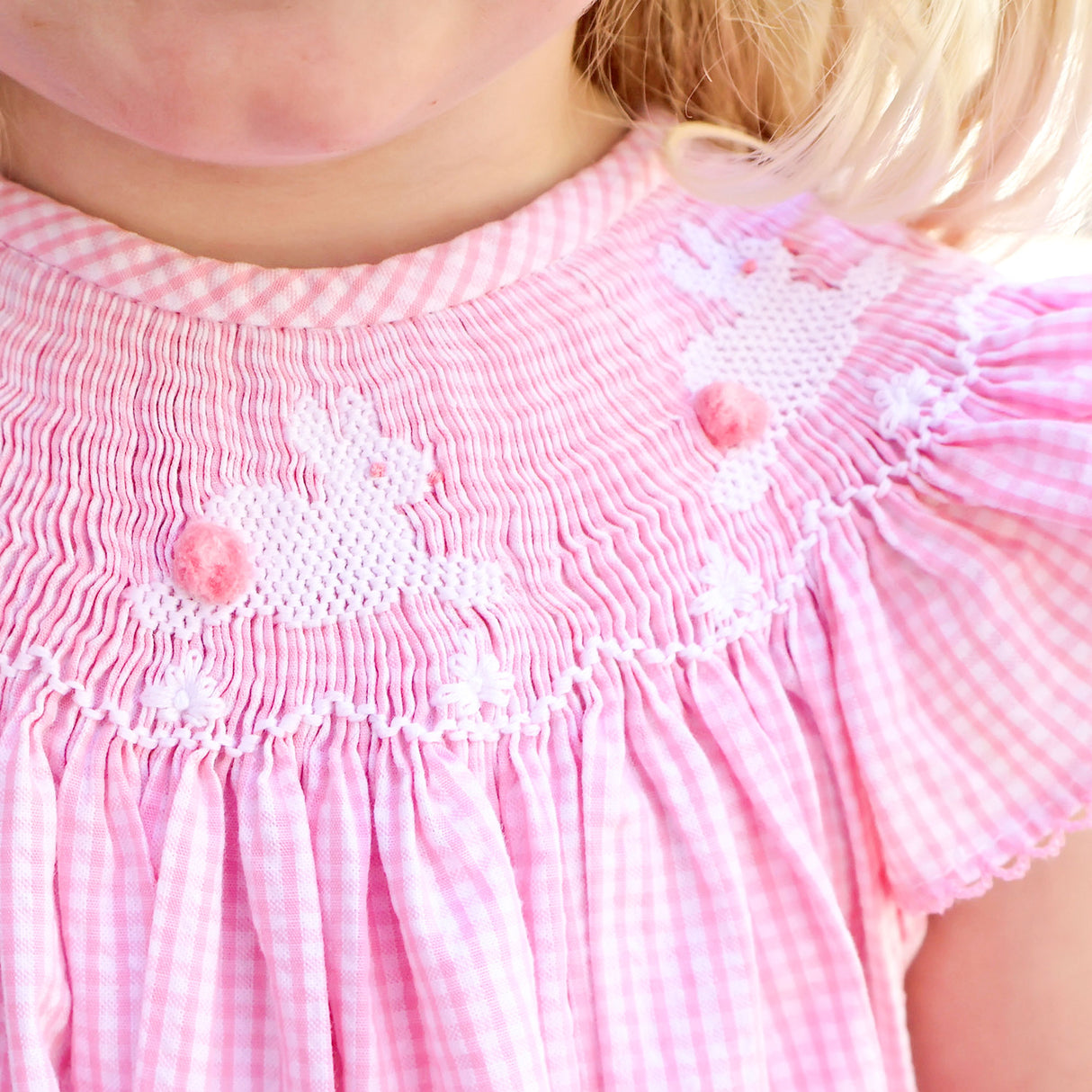Hop Hop Bunnies Smocked Pink Gingham Angel Sleeve Dress
