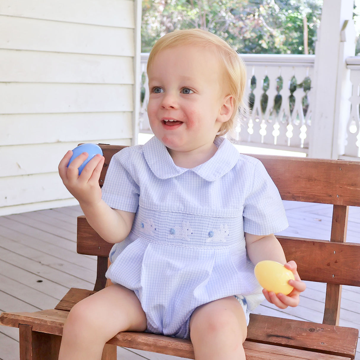 Hop Hop Bunnies Smocked Light Blue Gingham Collared Bubble