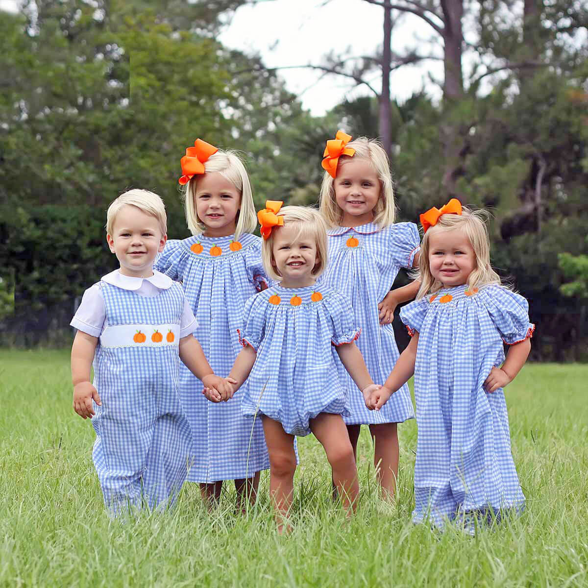 Bountiful Pumpkins Blue Smocked Bishop Dress