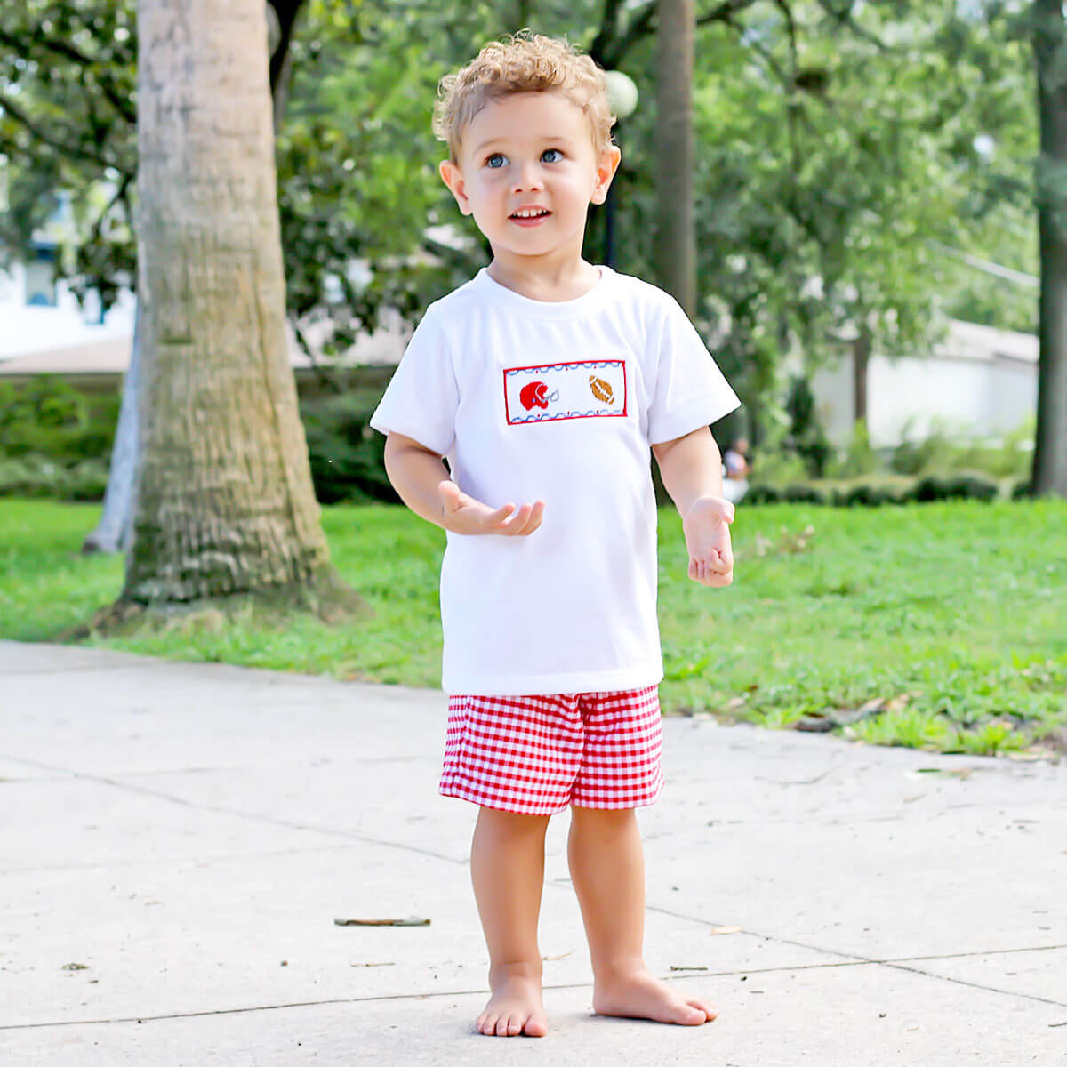 Red Check Football Smocked Short Set