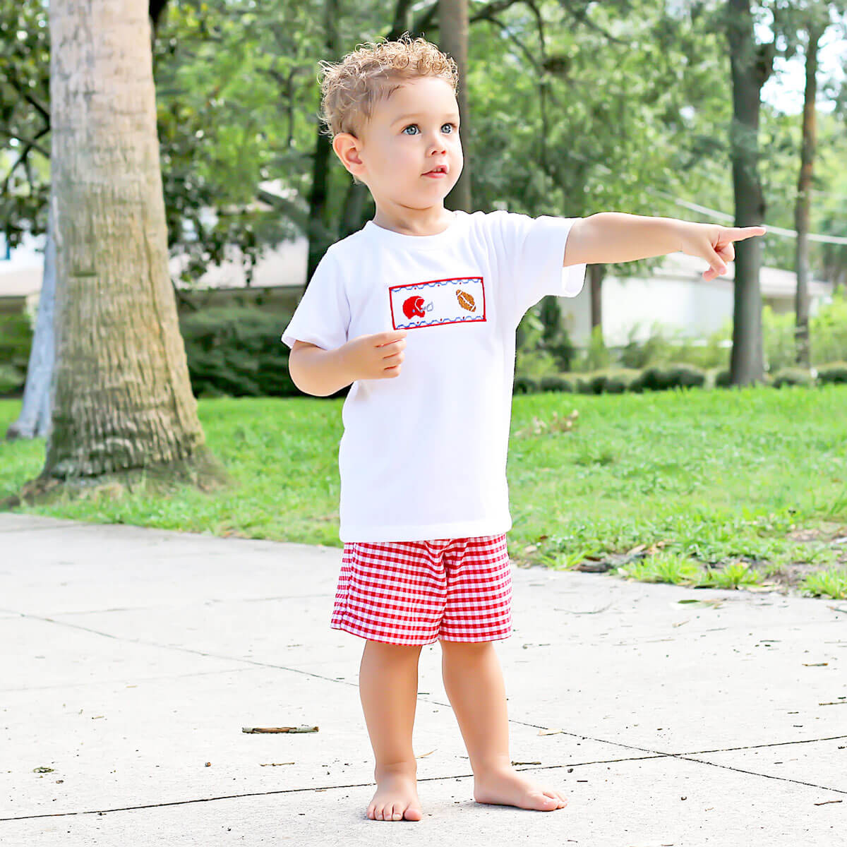 Red Check Football Smocked Short Set