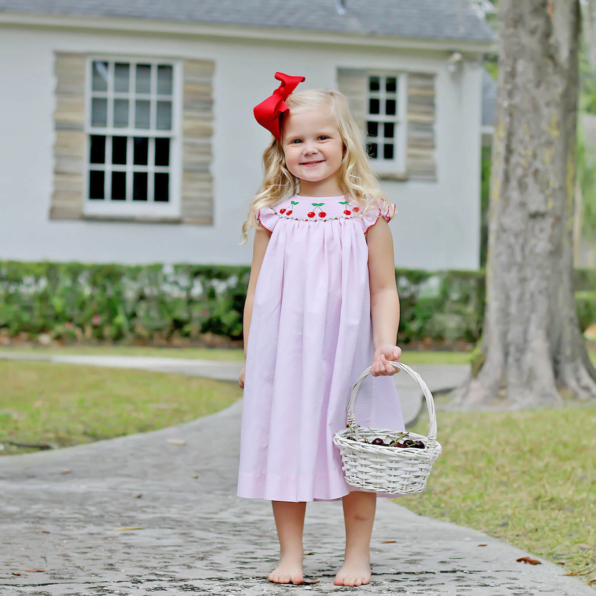 Pink Stripe Cherry Smocked Dress