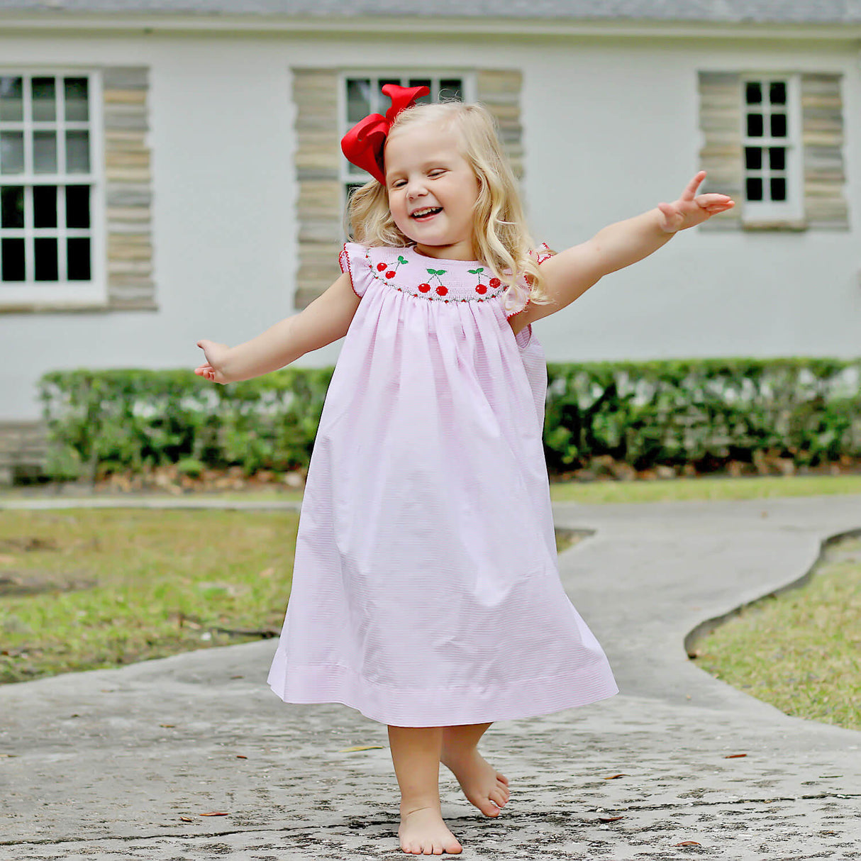 Pink Stripe Cherry Smocked Dress