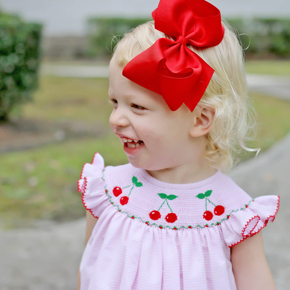 Pink Stripe Cherry Smocked Bubble