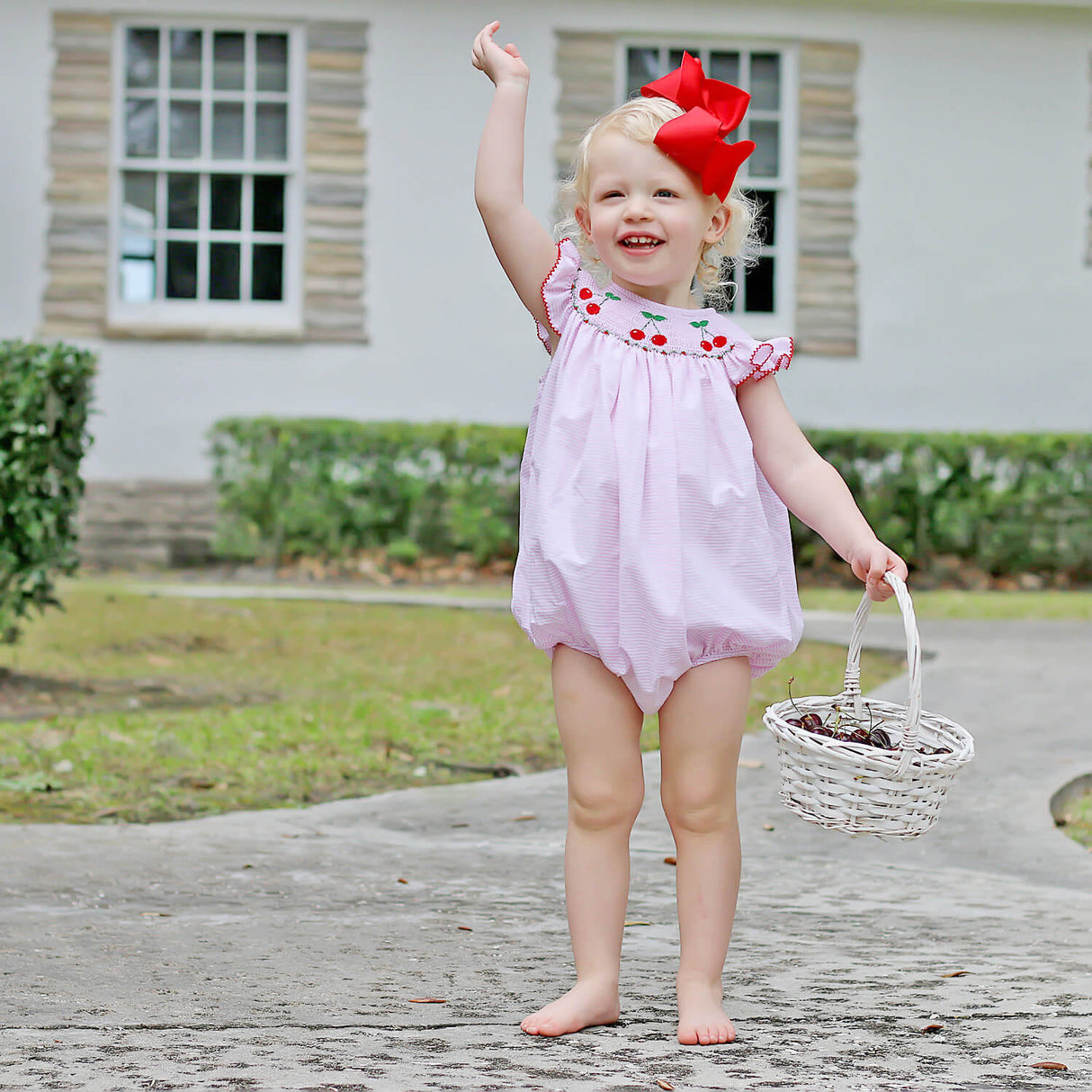 Pink Stripe Cherry Smocked Bubble