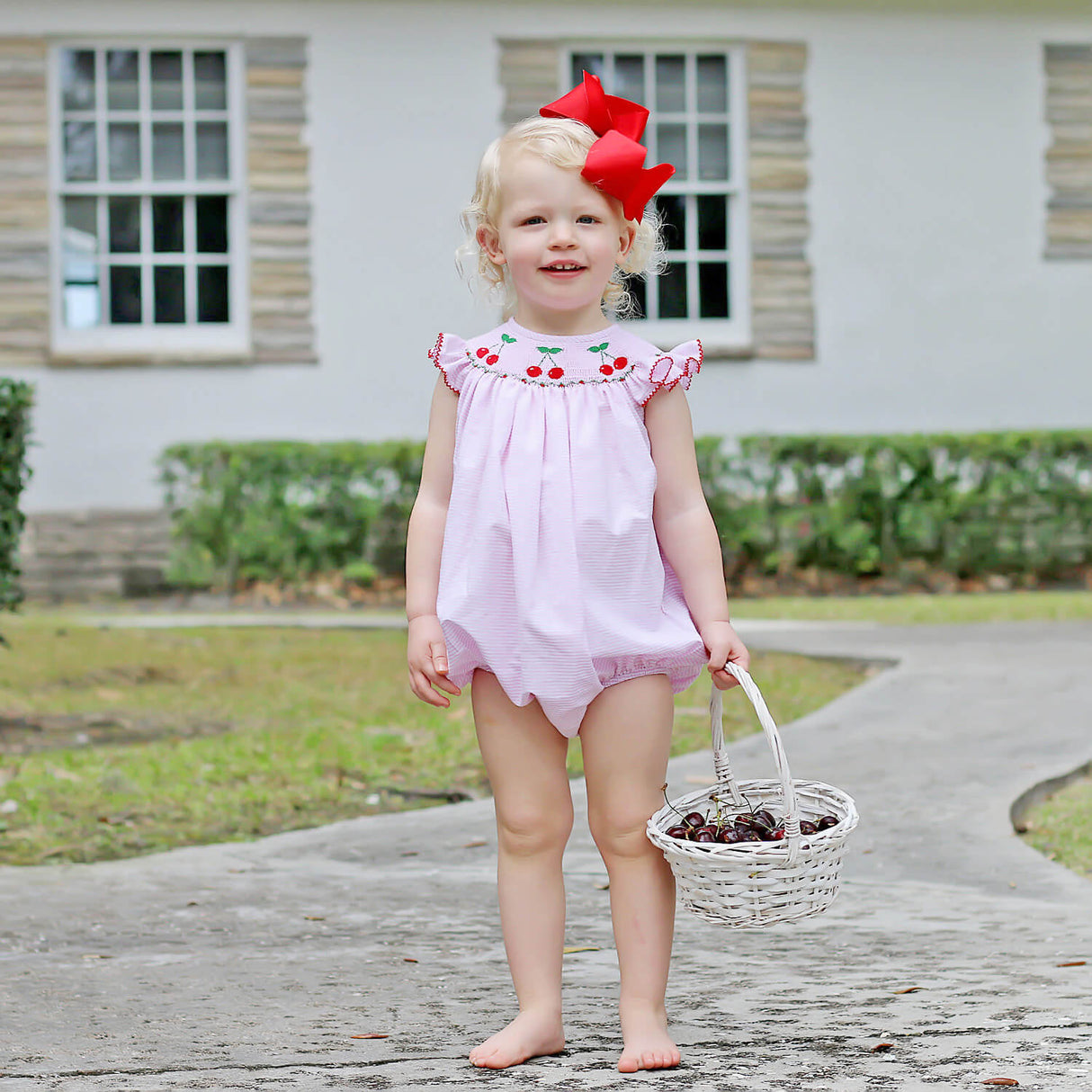 Pink Stripe Cherry Smocked Bubble