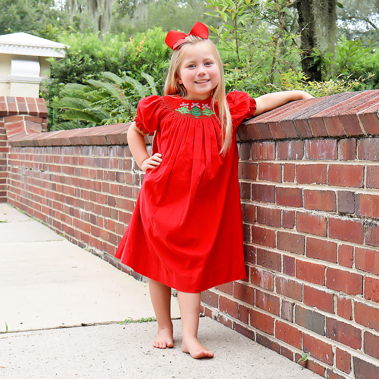 Christmas Tree Smocked Red Corduroy Dress