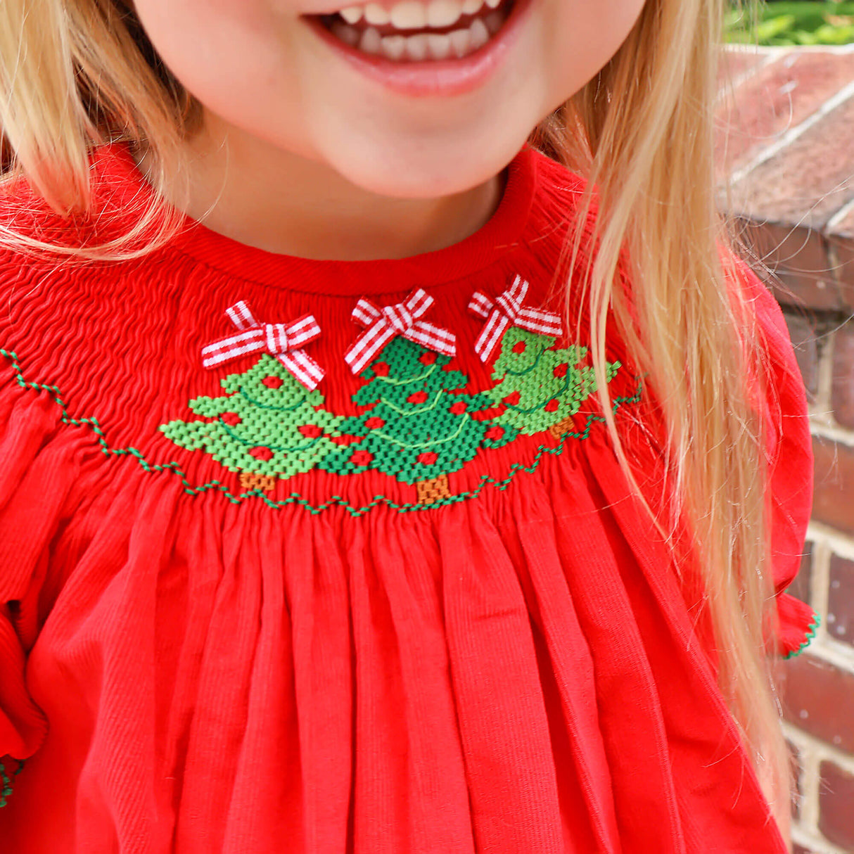 Christmas Tree Smocked Red Corduroy Dress
