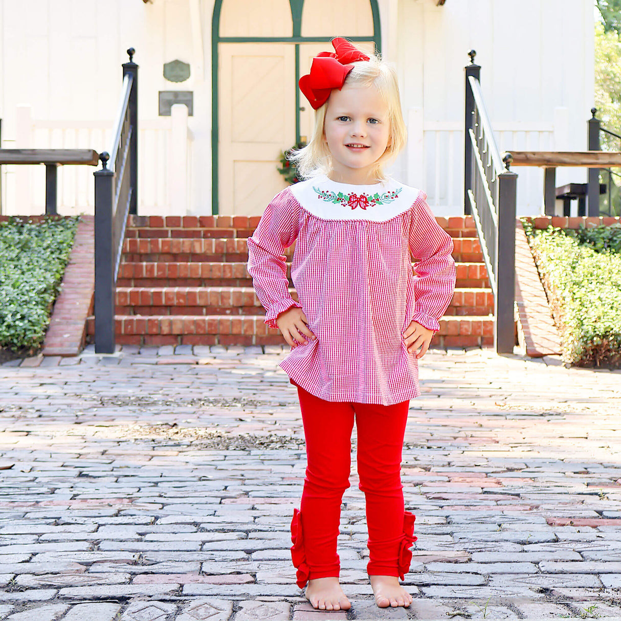 Holly Embroidered Red Gingham Yoke Legging Set