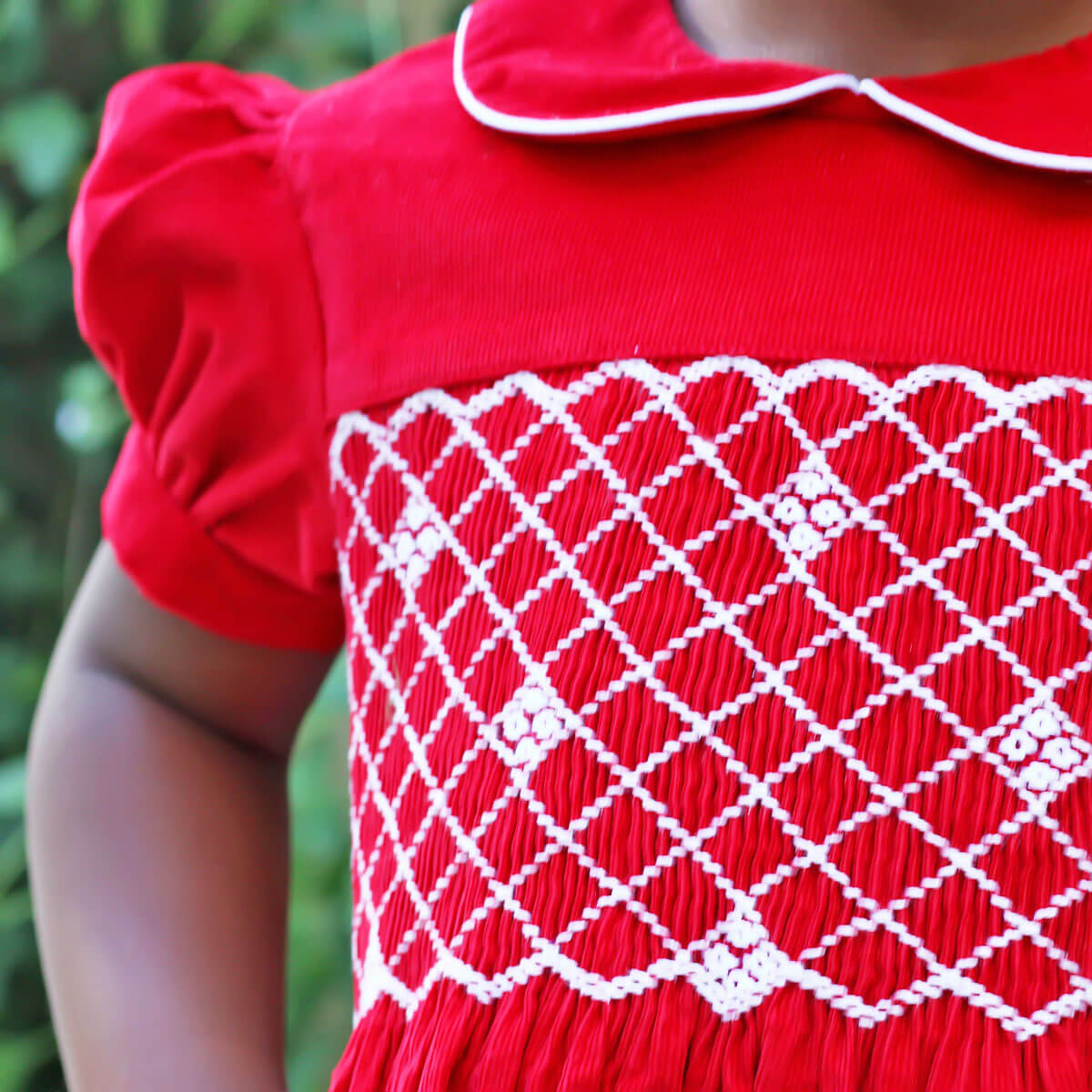 Red Corduroy Smocked Geo Collared Bishop Dress