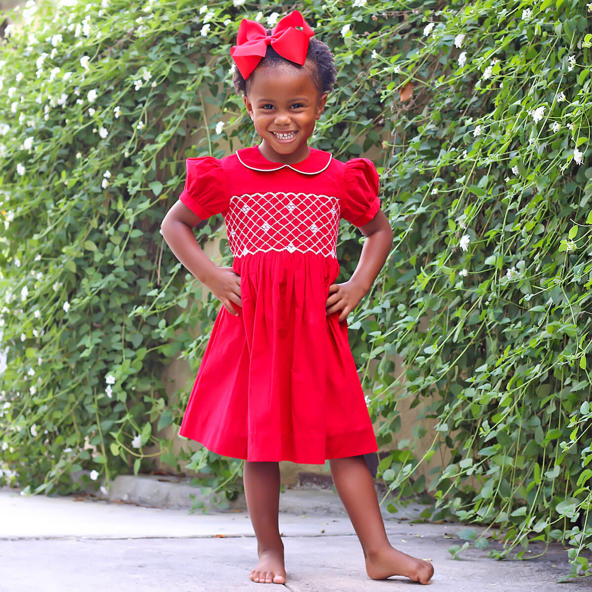 Red Corduroy Smocked Geo Collared Bishop Dress
