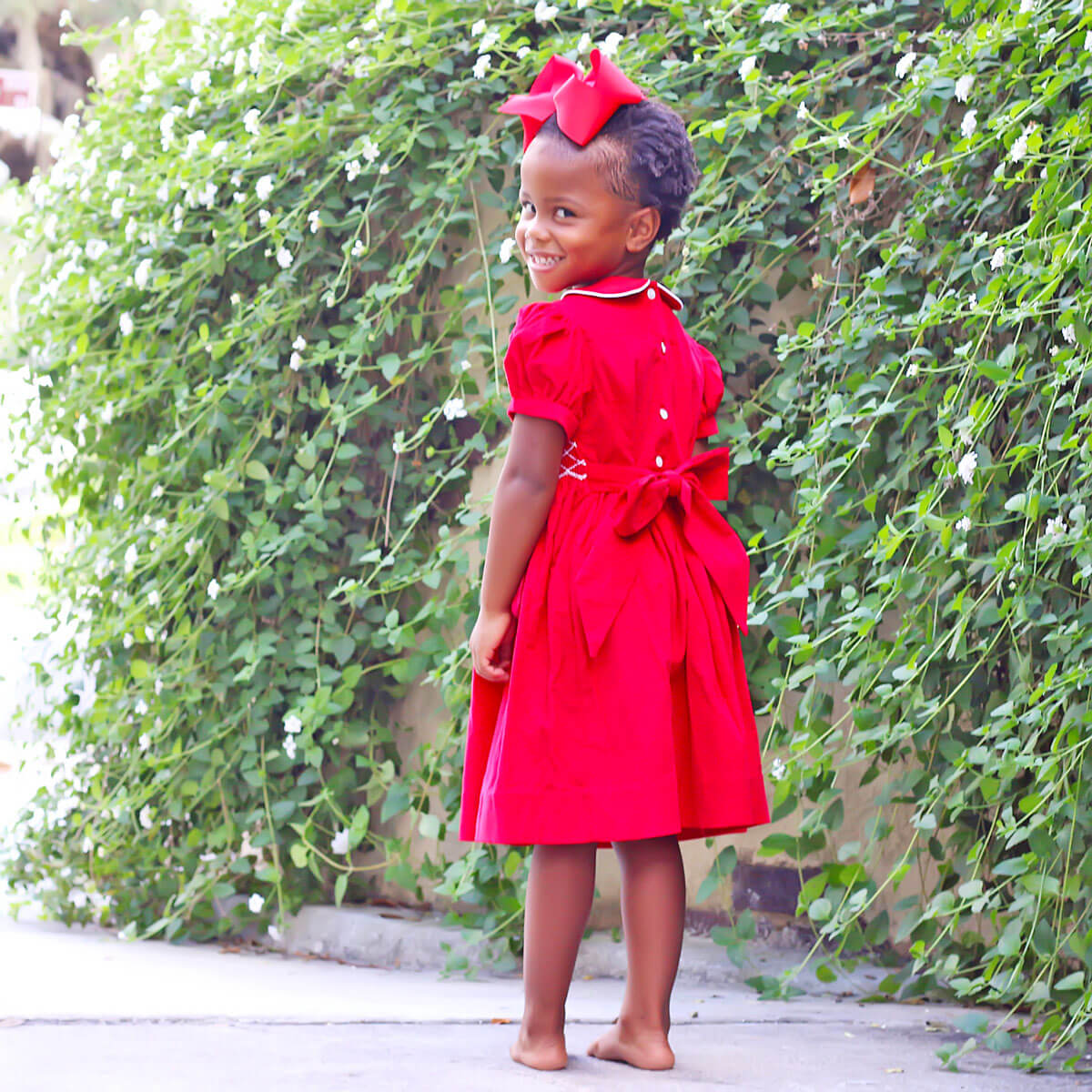 Red Corduroy Smocked Geo Collared Bishop Dress