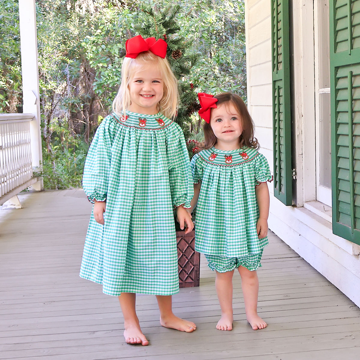 Reindeer Smocked Green Gingham Bishop Bloomer Set