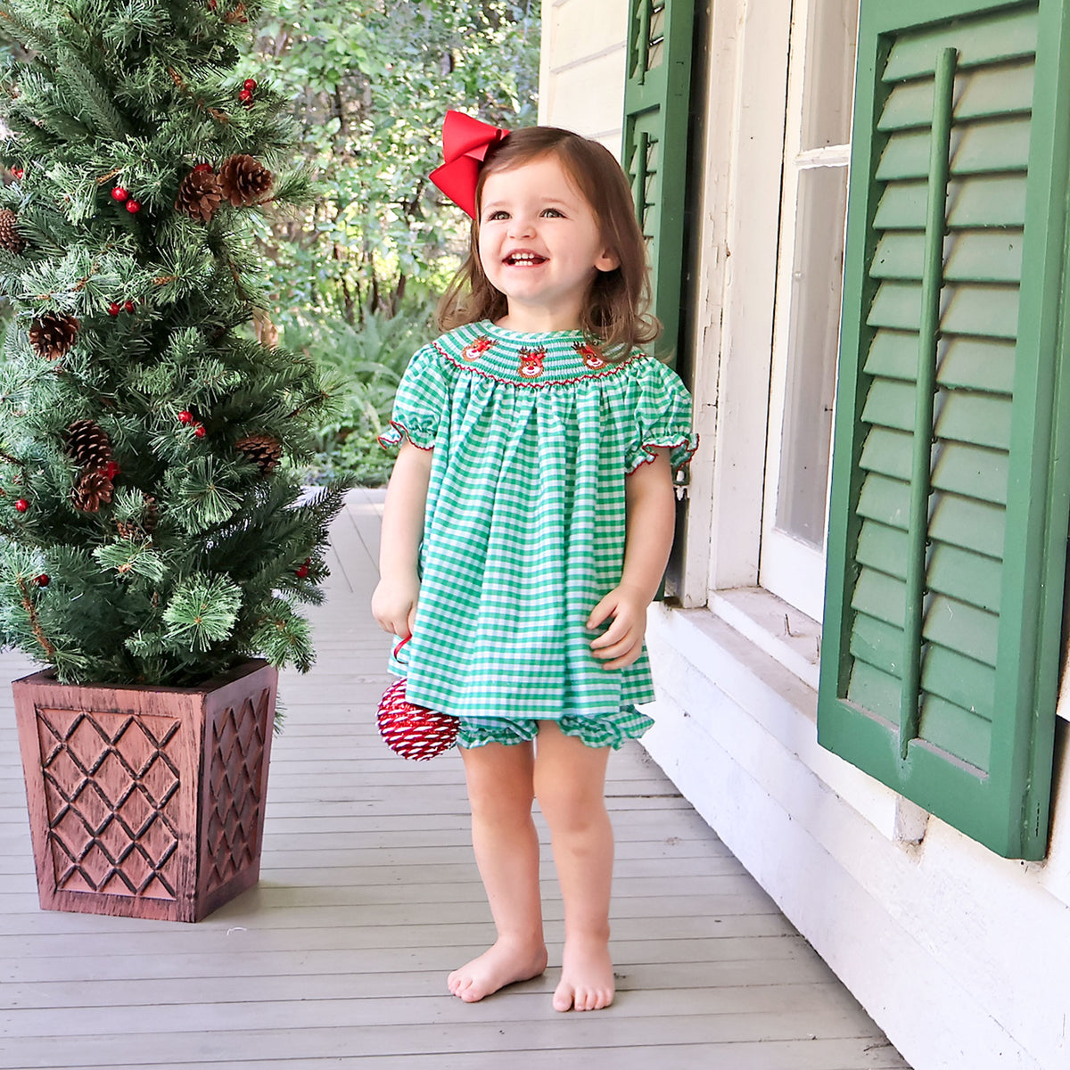 Reindeer Smocked Green Gingham Bishop Bloomer Set