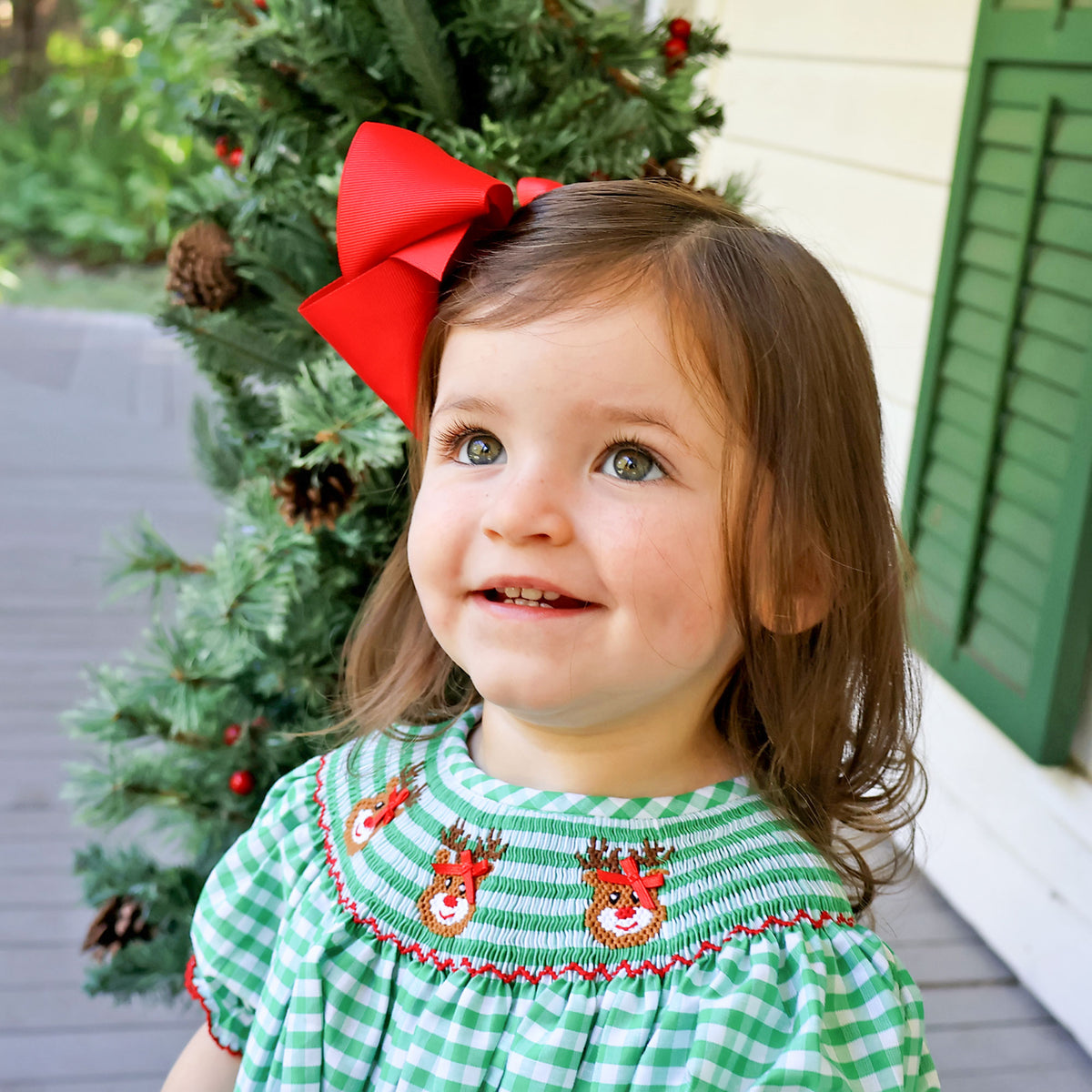 Reindeer Smocked Green Gingham Bishop Bloomer Set