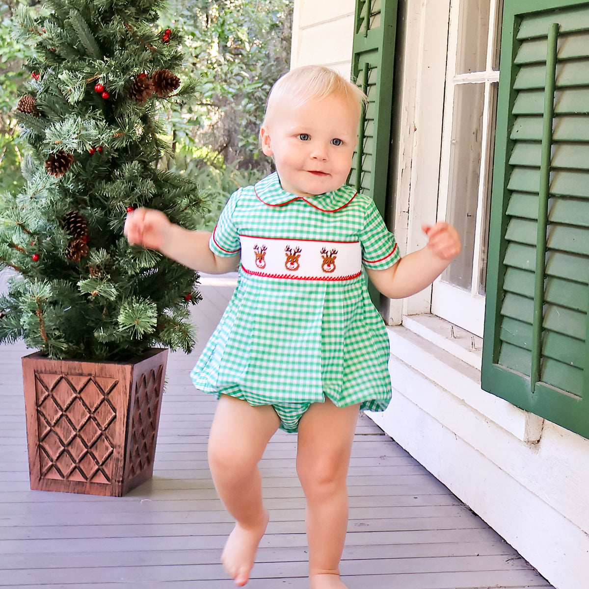Reindeer Smocked Green Gingham Collared Bubble