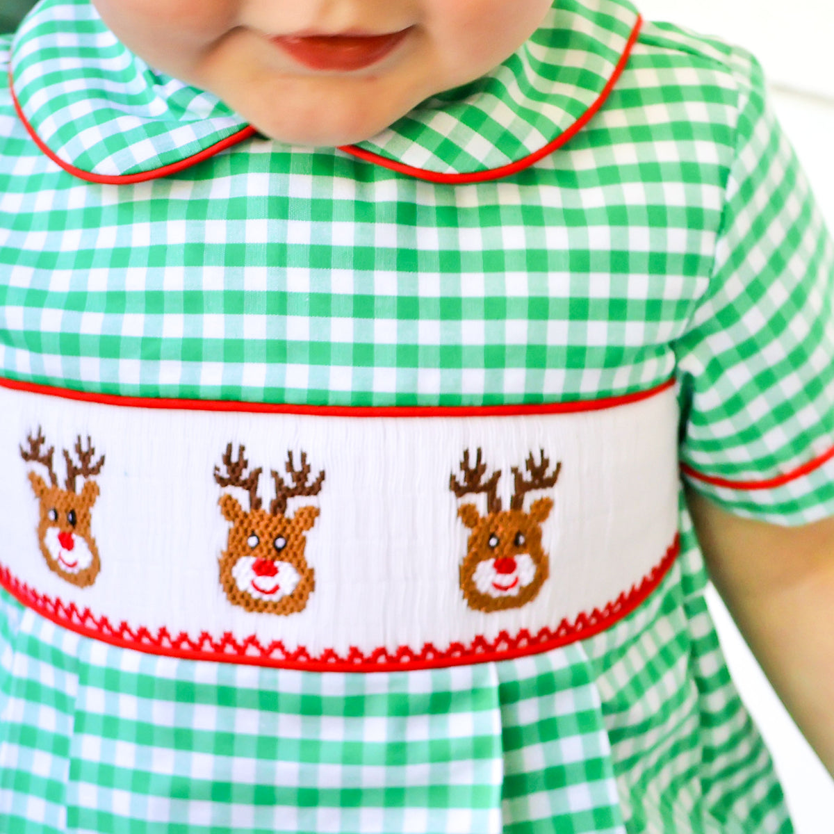 Reindeer Smocked Green Gingham Collared Bubble