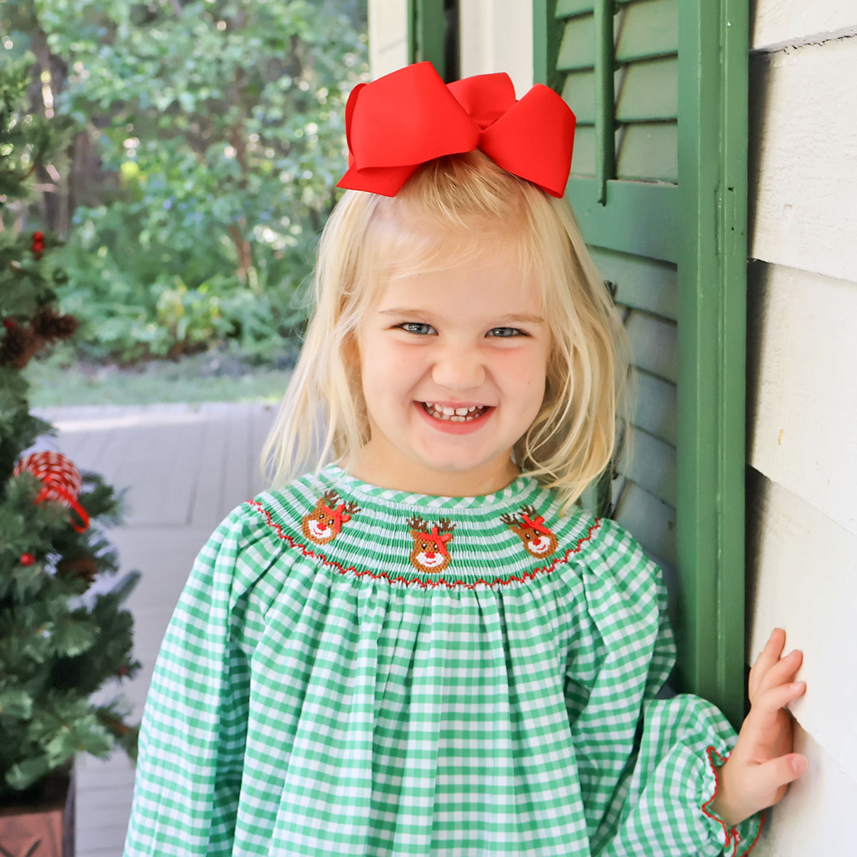 Reindeer Smocked Green Gingham Long Sleeve Dress