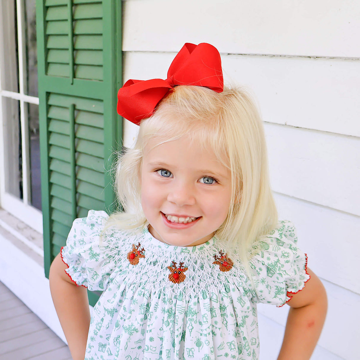 Reindeer Cheer Smocked Green Toile Bishop Dress