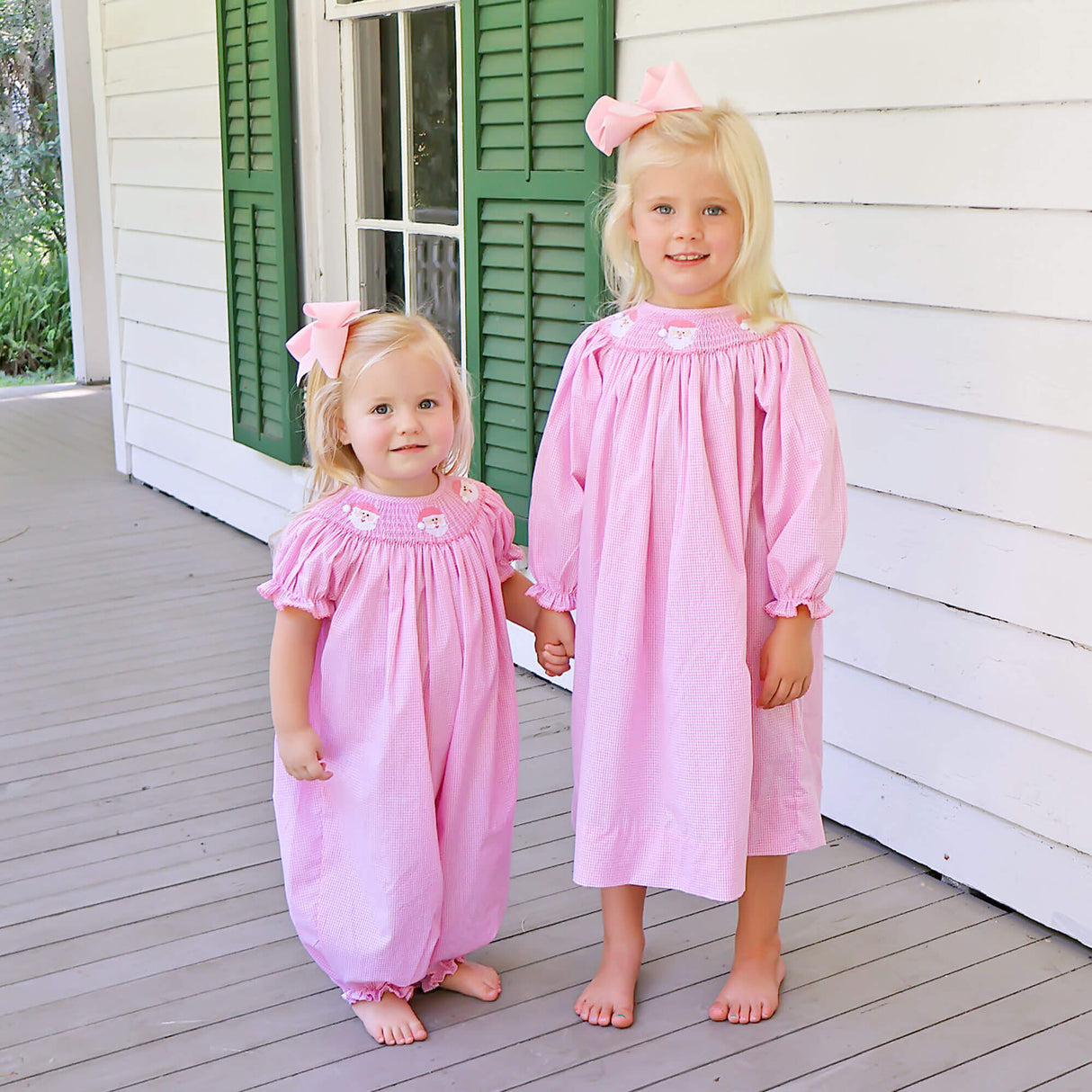 Happy Santa Smocked Pink Gingham Long Sleeve Bishop Dress