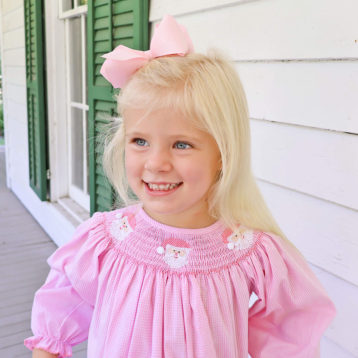 Happy Santa Smocked Pink Gingham Long Sleeve Bishop Dress
