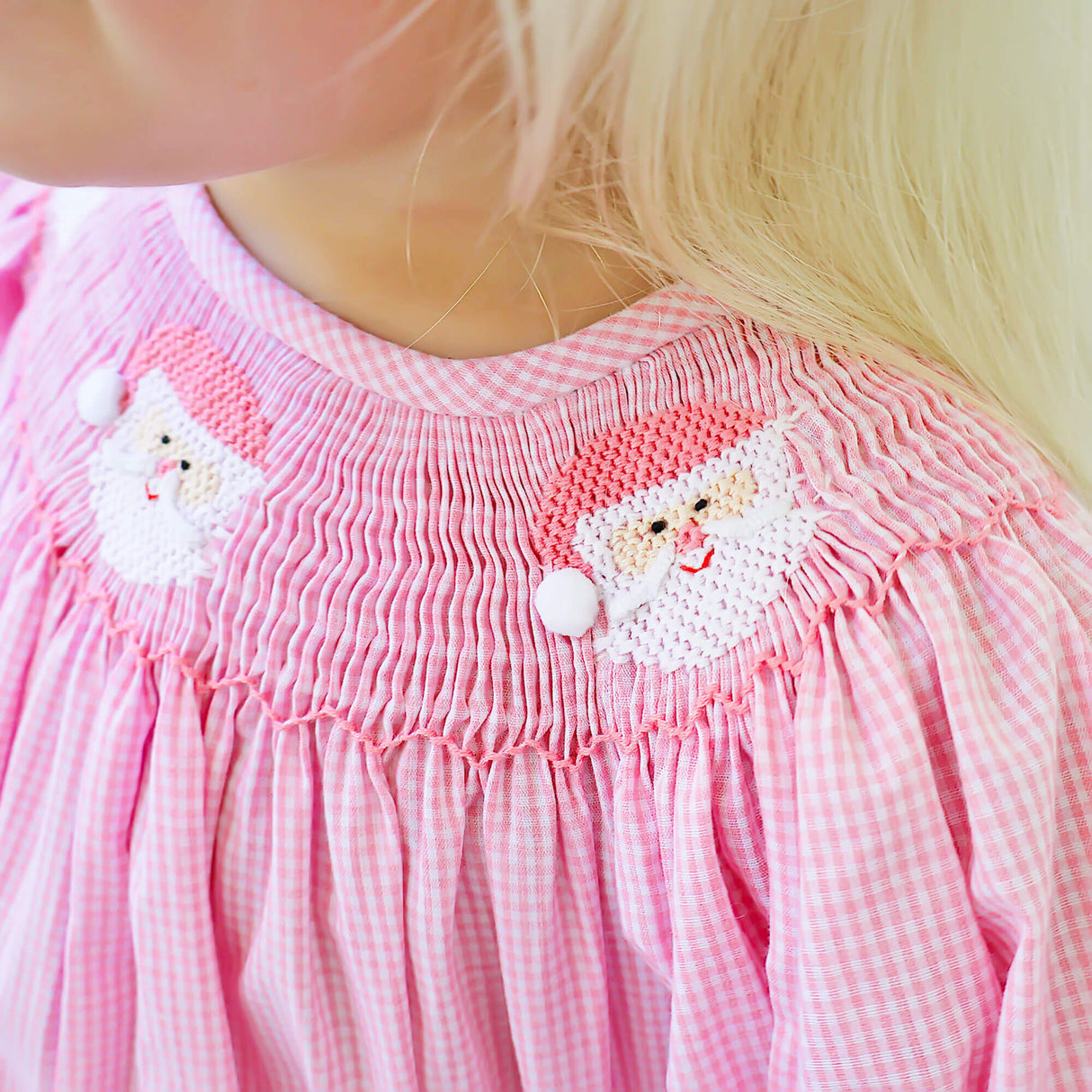 Happy Santa Smocked Pink Gingham Long Sleeve Bishop Dress