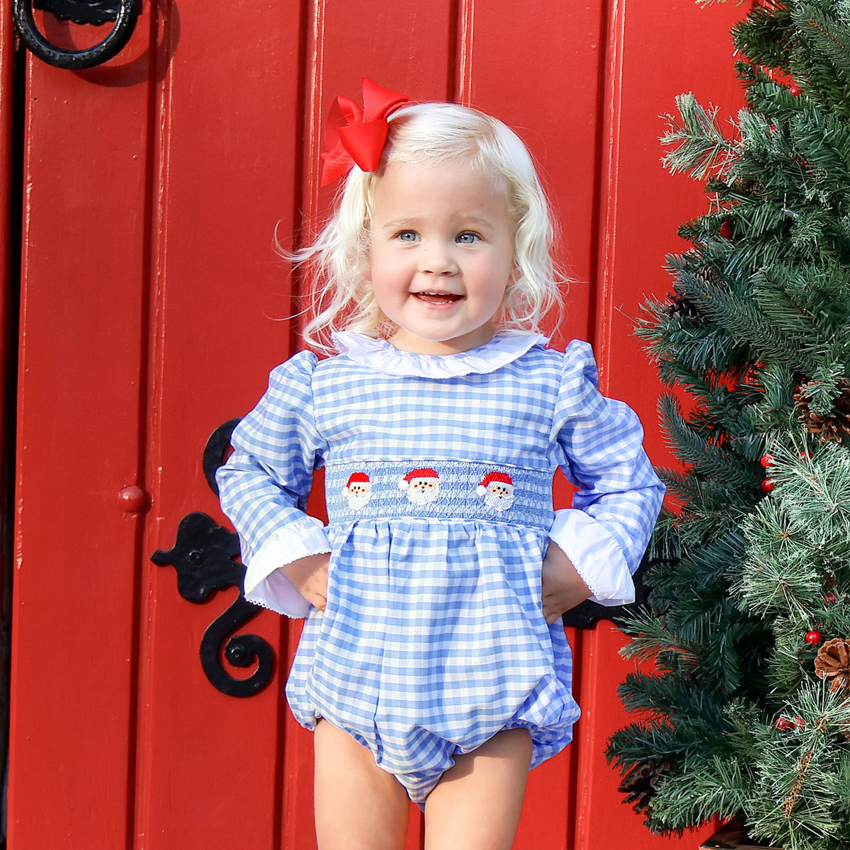 Happy Santa Smocked Blue Gingham Long Sleeve Bubble
