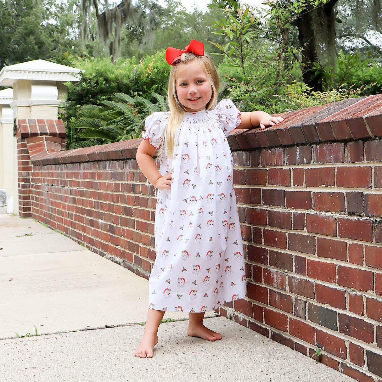 Vintage Santa White Print Smocked Bishop Dress
