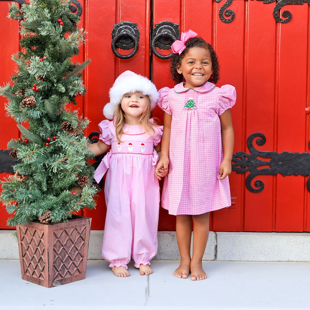 Happy Santa Smocked Pink Gingham Beverly Long Bubble
