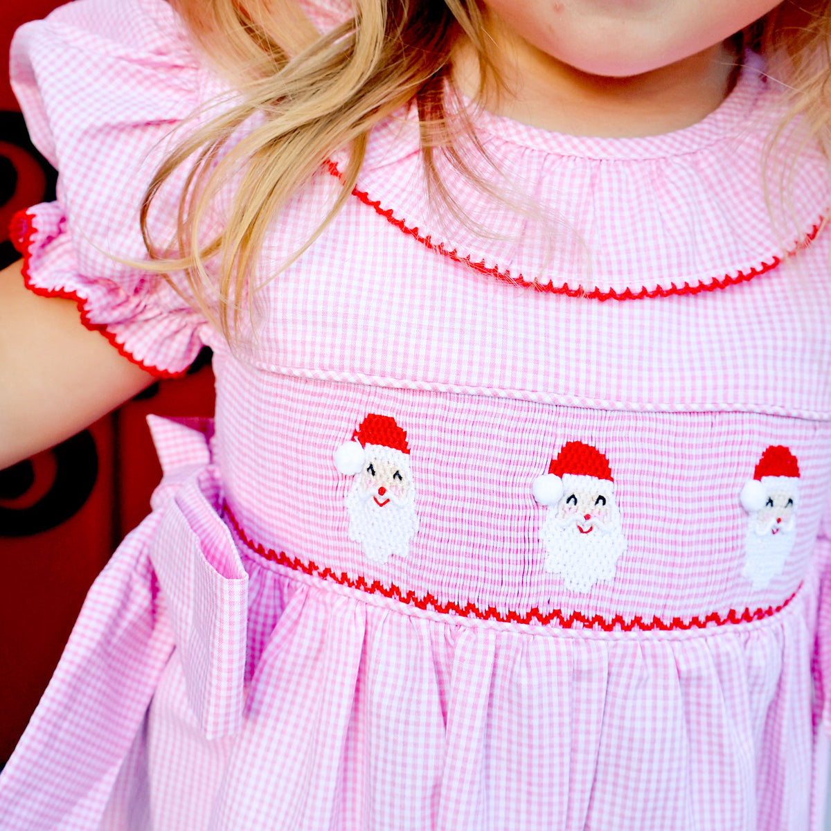 Happy Santa Smocked Pink Gingham Beverly Long Bubble